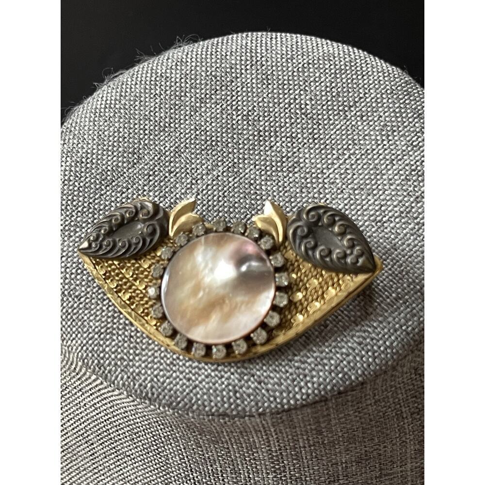 Handcrafted Mixed Media Pendant Brooch Gold Tone Art To Wear Deco Cocktail
